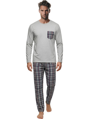 PNN Nightwear Χειμωνιάτικες Ανδρικές Πιτζάμες Βαμβακερές Καρό με Κουμπιά Γκρι 1271-0606