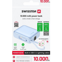 Swissten Space Power Bank 10000mAh 22.5W με Ενσωματωμένα Καλώδια USB-C & Lightning Power Delivery Blue