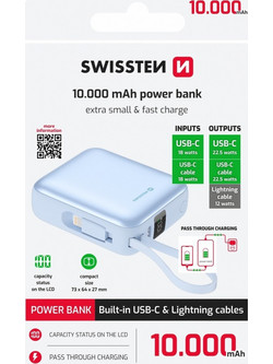 Swissten Space Power Bank 10000mAh 22.5W με Ενσωματωμένα Καλώδια USB-C & Lightning Power Delivery Blue