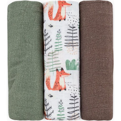 Petite&Mars Moussy Forest Fox Σετ Σελτεδάκια Μωρού από Μουσελίνα Χακί Καφέ Λευκά 68x68cm 3τμχ