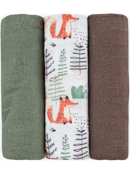Petite&Mars Moussy Forest Fox Πάνες Αγκαλιάς από Μουσελίνα Λευκές Καφέ Χακί 68x68cm 3τμχ