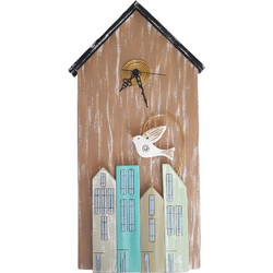 Χειροποίητο Ξύλινο Επιτοίχιο Ρολόι 25x50x4 KWood Art 1010 Σπίτια Με Κεραμικό Περιστέρι