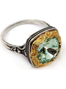 Byzantine Ring with Peridot Colored Swarovski Crystal Sterling Silver 925 Gold Plated