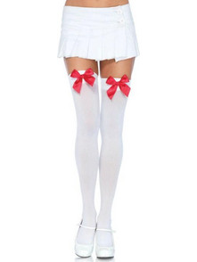 LEG AVENUE - NYLON THIGH HIGHS WITH BOW WHITE / RED