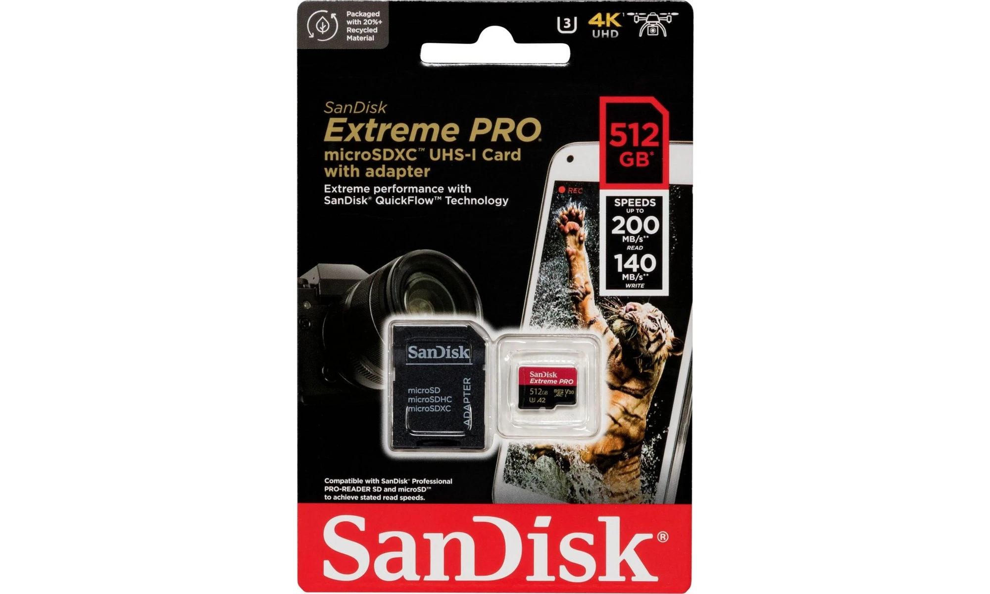 Sandisk Extreme Pro microSDXC 512GB Class 10 U3 V30 UHS-I A2 + Adapter ...