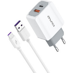 Awei PD4 Φορτιστής με Καλώδιο USB-C με Θύρα USB-A & Θύρα USB-C 20W Quick Charge 3.0 & Power Delivery