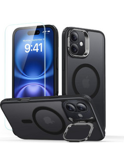 ESR Classic Hybrid HaloLock Stash Stand MagSafe Back Cover with Tempered Glass Frosted Black (iPhone 16)