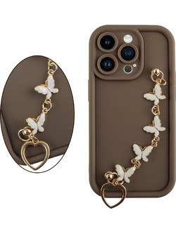 Volte-Tel Θηκη Iphone 14 Pro 6.1'' Silicon Tpu With Strap Full Camera Protection Brown With White BUTTERFLIES