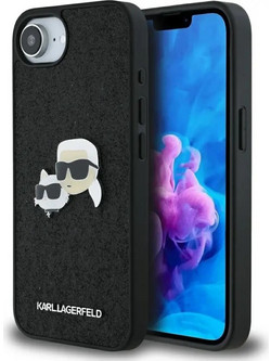 Karl Lagerfeld Fixed Glitter Karl&Choupette Heads Metal Pin iPhone 16e Case - Black - (KF002579-0)