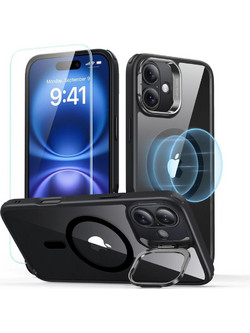 ESR Classic Hybrid Kickstand Halolock MagSafe Case Set + Tempered Glass for iPhone 16 - Black
