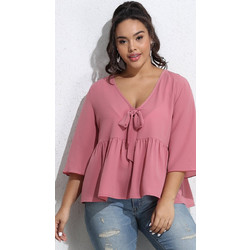 Plus Size Μπλούζα με Φιόγκο - Ροζ