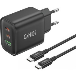Foneng GaN10-EU Φορτιστής με Καλώδιο USB-C με Θύρα USB-A & 2 Θύρες USB-C 65W Power Delivery Black