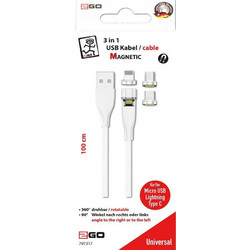 2GO Magnetic USB to Lightning / Type-C / micro USB Cable Λευκό 1m (797317)