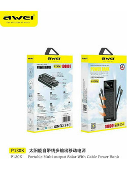 Awei P130K Ηλιακό Power Bank 10000mAh με 2 Θύρες USB-A & Θύρα USB-C Quick Charge 3.0 Black