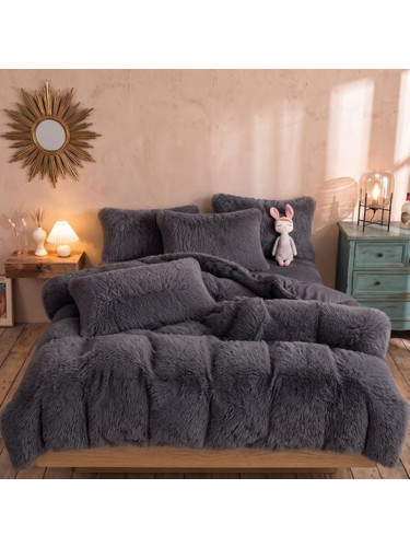 Σετ Κουβερτοπάπλωμα Shaggy Sherpa Γκρί σκούρο 220x240 cm με 2 Μαξιλαροθήκες 50x70 cm SHA001