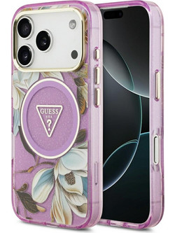 Guess IML Glitter Flowers Triangle MagSafe Θήκη Purple (iPhone 18 Pro / 17 Pro)