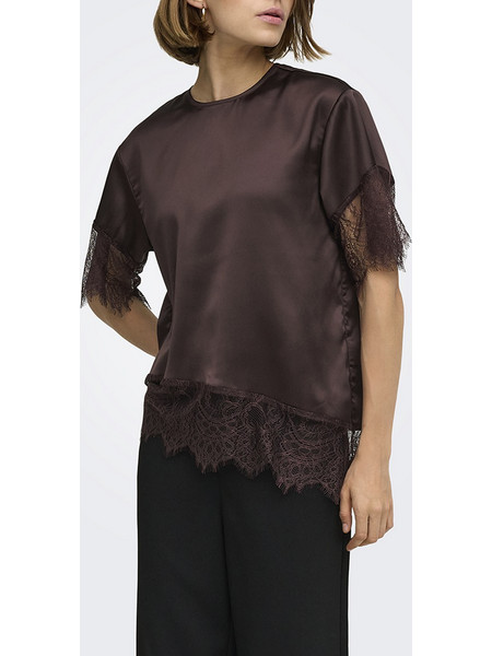 ONLY ONLINDONA 2/4 SATIN LACE TOP WVN 15380711-Chocolate Torte Chocolate