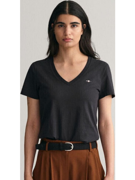 Gant Γυναικείο V-Neck T-shirt Regular Fit - BLACK
