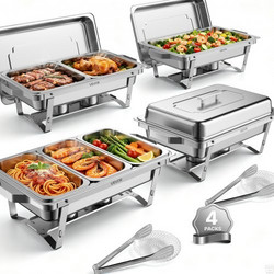 VEVOR 4 Packs Chafing Dishes για σετ μπουφέ, Chafer 8,5L από ανοξείδωτο ατσάλι, για πάρτι γάμου, Ορθογώνιος θερμαντήρας σε μπουφέ, 2 πλήρεις & 2 μισά & 3 τηγάνια τρίτου μεγέθους, θήκη καυσίμου, Tong,