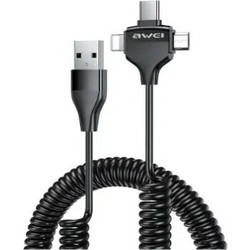 Awei CL-205 Πολυκαλώδιο Φόρτισης Σπιράλ 3 Σε 1 USB Type-C, Micro USB Και Lightning 2.4A Μαύρο
