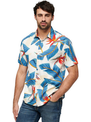 Superdry Ανδρικό Πουκάμισο Βαμβακερό Εμπριμέ Κοντομάνικο Κανονική Γραμμή Γαλάζιο M4010353A-2BQ