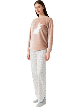 Minerva Bunny Σετ Γυναικείες Πιτζάμες Χειμωνιάτικες Fleece Μπεζ 90-53006-794