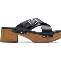 Clarks Γυναικεία Πέδιλα Δερμάτινα Μαύρα με Χοντρό Χαμηλό Τακούνι 26177460