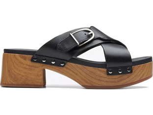 Clarks Γυναικεία Πέδιλα Δερμάτινα Μαύρα με Χοντρό Χαμηλό Τακούνι 26177460