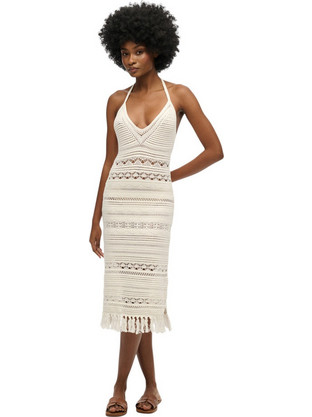 Superdry Midi Καλοκαιρινό Καθημερινό Φόρεμα Πλεκτό Εκρού W8011856A-8ML