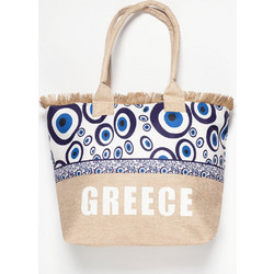 Silk Fashion Greece Ψάθινη Τσάντα Θαλάσσης Ώμου Μπεζ Μπλε 49x34cm 5206978164842