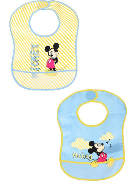 Disney Mickey Chilling Σετ Αδιάβροχες Σαλιάρες Υφασμάτινες με Αυτοκόλλητο & Τσέπη 6m+ Κίτρινη Γαλάζια 2τμχ