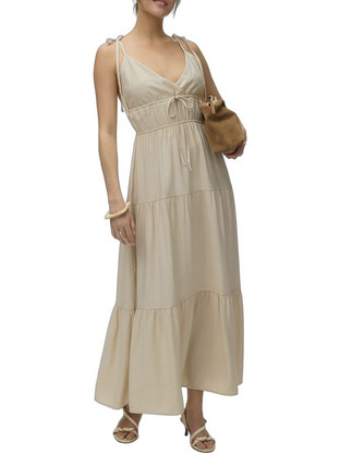 Vero Moda Maxi Καλοκαιρινό Βραδινό Φόρεμα Μεταξωτό Μπεζ 10345603