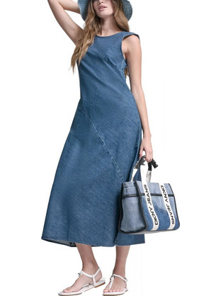 DKNY Midi Καλοκαιρινό Καθημερινό Φόρεμα Τζιν Μπλε DJ6D9187-B8N