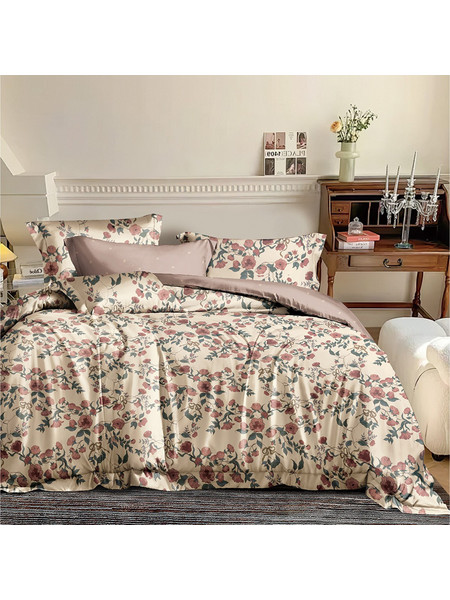 Beauty Home Σετ Σεντόνια Υπέρδιπλα Βαμβακερά με Λάστιχο 165x200+30 Memories Art 12676 Μπεζ Ροζ