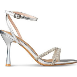 Envie Shoes Γυναικεία Πέδιλα Δερμάτινα Ασημί με Λεπτό Ψηλό Τακούνι και Στρας E37-23170-21