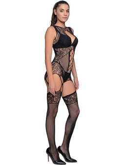 Milena By Paris Ολόσωμο Καλσόν Διχτυωτό με Δαντέλα & Ανοιχτό Καβάλο Μαύρο 2532
