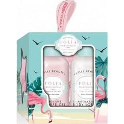 Folia Square Flamingo Powder Body Lotion 100ml + Shower Wash 100ml + Sponge
