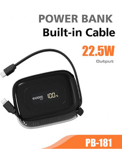 Moxom MX-PB181 Power Bank 10000mAh 22.5W με Ενσωματωμένα Καλώδια USB-C & Lightning Power Delivery Black
