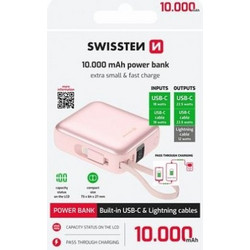 Swissten Space Power Bank 10000mAh 22.5W με Ενσωματωμένα Καλώδια USB-C & Lightning Power Delivery Pink