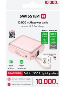 Swissten Space Power Bank 10000mAh 22.5W με Ενσωματωμένα Καλώδια USB-C & Lightning Power Delivery Pink