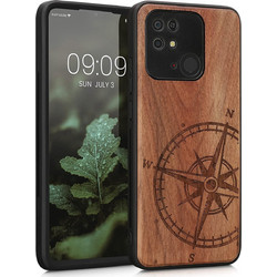 KWmobile Σκληρή Ξύλινη Θήκη με TPU Bumper - Xiaomi Redmi 10C - Walnut / Navigational Compass / Dark Brown (59468.01)