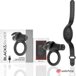 Black & Silver Agron Cockring Remote Cockring + Remote Watchme Ελαστικό Δαχτυλίδι Πέους Σιλικόνης με Δόνηση Μαύρο