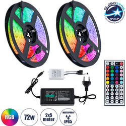 GloboStar 70418 Σετ Ταινία LED RGB SMD 5050 10m (2x5M) 7.2W/m 30LED/m 576 lm/m DC 12V με Τροφοδοτικό & Ασύρματο Τηλεχειριστήριο Αδιάβροχη IP65