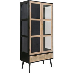 Artekko Cons Βιτρίνα MDF Ψάθα Γυαλί Μαύρο Φυσική Απόχρωση (72x39x159)cm 48597-BLAC