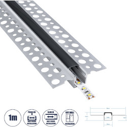 PLASTERBOARD-PROFILE 70839-1M Προφίλ Αλουμινίου - Βάση & Ψύκτρα Ταινίας LED με Μαύρο Φιμέ Κάλυμμα - Χωνευτή Χρήση σε Γυψοσανίδα - Trimless - Πατητό Κάλυμμα - Ασημί - 1 Μέτρο - Μ100 x Π5.6 x Υ1.5cm