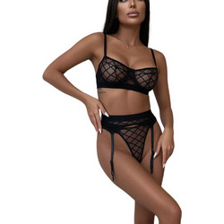 SEDUCTIVE WEB Σετ Εσωρούχων 3 τμχ απο μαλακή διαφάνεια και Ζαρτιέρα ΜΑΥΡΟ