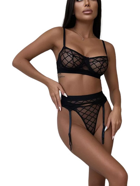 SEDUCTIVE WEB Σετ Εσωρούχων 3 τμχ απο μαλακή διαφάνεια και Ζαρτιέρα ΜΑΥΡΟ