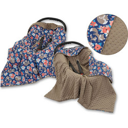 Double-sided car seat blanket - fox family on blue/brown