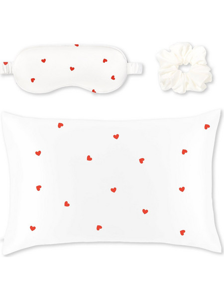 Silver Cloud Promo Satin+ Pillowcase Μαξιλαροθήκη Εμποτισμένη με Ιόντα Αργύρου με Καρδιές & Μάσκα Ύπνου & Scrunchie