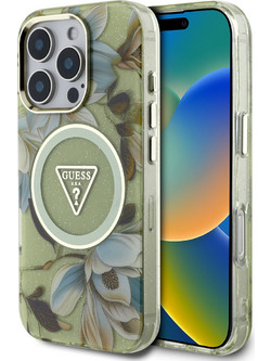 Guess - IML Glitter Magnolia Triangle Logo MagSafe Θήκη για iPhone 16 Pro - Green